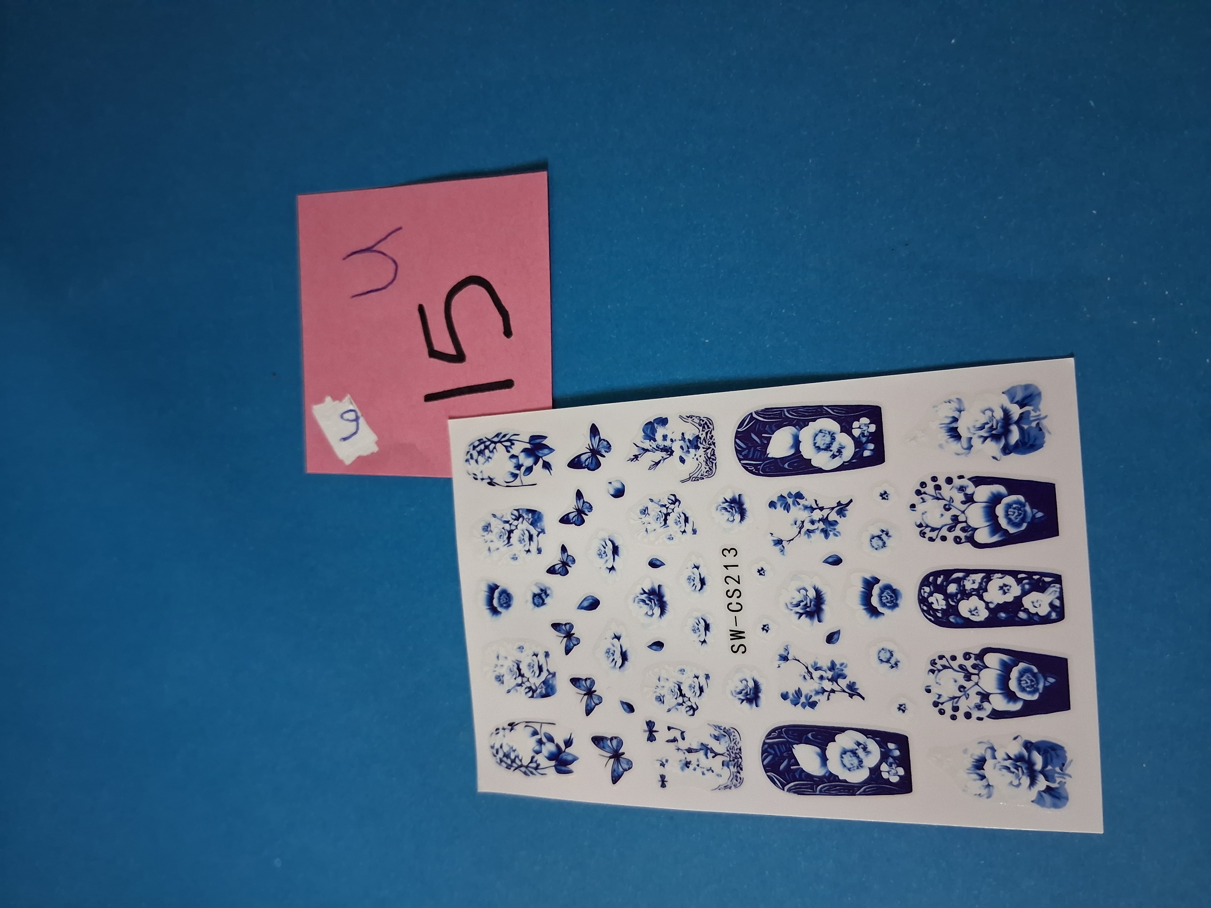 Nail Art Stickers — 15U-6 Blue & White Porcelain Floral (SW-CS213, 1 sheet)